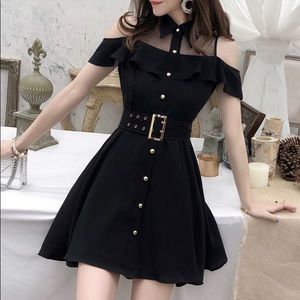 Japanese black A line mini dress with belt